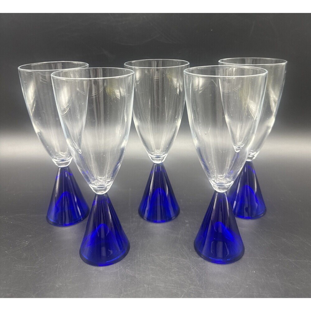VTG Sasaki Glass Eon Cobalt Blue Base Water Wine 7.5”Goblet 8 Oz Set‎ Of 5